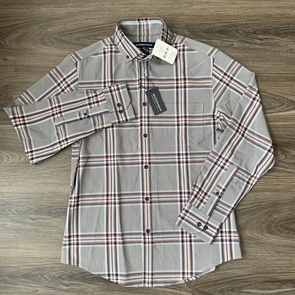 Mizzen Main City Flannel Trim Fit Grey Blue Plaid Shirt Mens size Small $138 NEW - Picture 2 of 7
